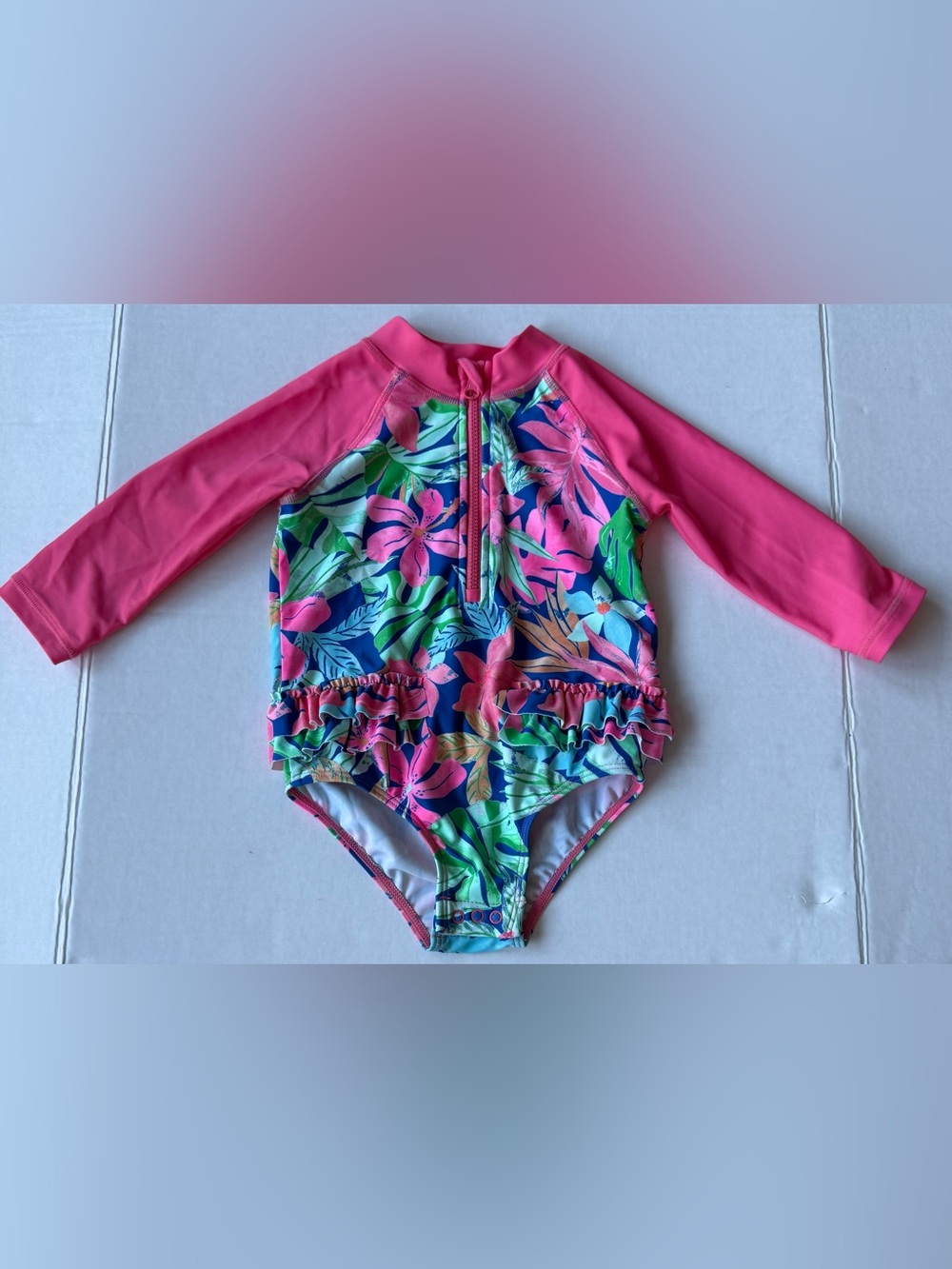 Girls' Pink Floral Long-Sleeve Rashguard One-Piece Swimsuit
